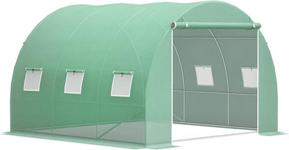 Outsunny 10' x 10' x 6.5' Walk-in Tunnel Hoop Greenhouse, Polyethylene PE Cover, Steel Frame, Roll-Up Zipper Door & Windows for Flowers, Vegetables, Tropical Plants, Green