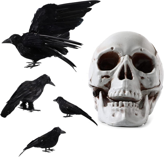 Yerliker 5 Pcs Halloween Black Feathered Crow and Skull Statue Set Handmade Realistic Crow Decor