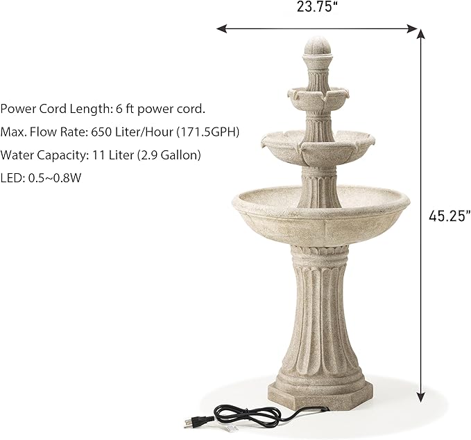 Glitzhome Water Fountain Outdoor Floor-Stand Fountains with LED Light & Pump, Oversized 3 Tier Terrazzo Waterfalls Patio Fountain and Waterfalls Outdoor Yard Fountains for Lawn Garden Backyard Deck