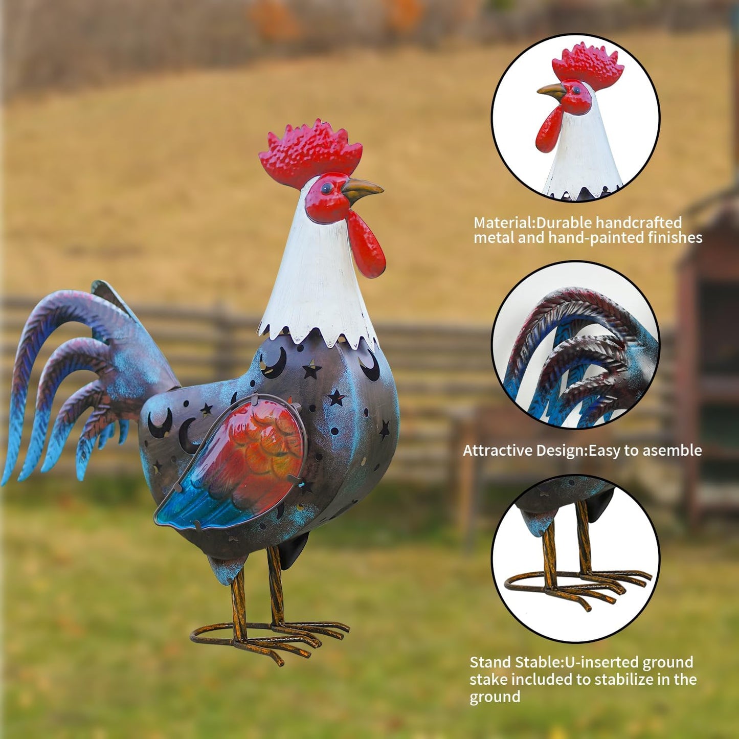 LIFFY Metal Rooster Yard Decor,18" Solar Rooster Outdoor Decor with LED Lights,Chicken Home Decorative Ornaments,Garden Statues for Outside Patio Backyard Landscape Lawn