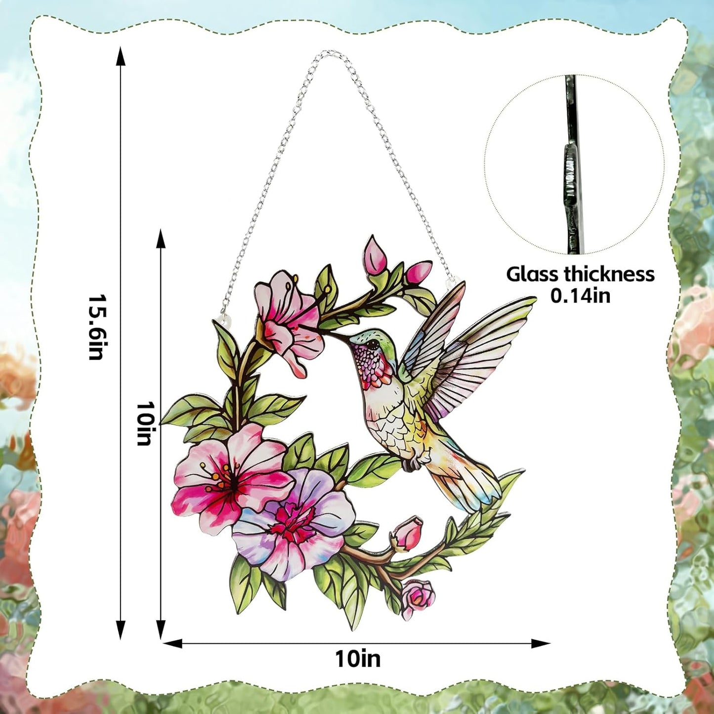 Stained Glass Window Hanging Hummingbird and Flower Suncatcher, Marzovitra 10 Inch Colorful Window Art Bird Sun Catcher for Home Decor, Garden, Patio, Gift for Nature and Bird Lovers