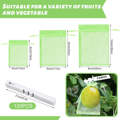 120 Pcs Fruit Protection Bags 3 Size Green Mesh Bags for Fruits Vegetables with 120 Pcs Plant Label Drawstring Mesh Pest Barrier Netting Cover for Veggies Garden