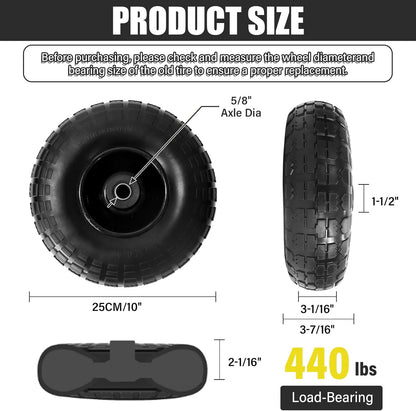 10" Solid Rubber Tires, 2 Pack Flat Free 4.10/3.50-4'' Wheels with 5/8” Axle Bore Hole and Double Sealed Bearings - Compatible with Hand Truck, Wheelbarrow, Dolly, Gorilla Carts, Black