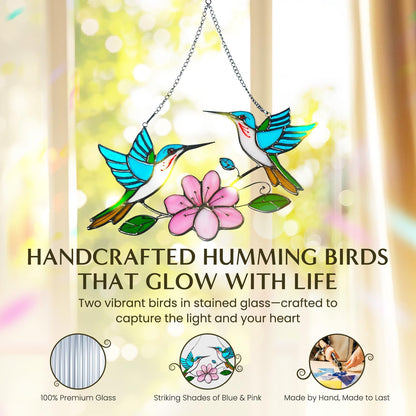 Stained Glass Window Hanging, Duo-Humming Bird Style, Colorful Sun Catcher Panel for Indoor/Outdoor Décor, Garden & Coastal Ornament, Handmade Glass Wall Art Gift for Women and Mom & Bird Lovers