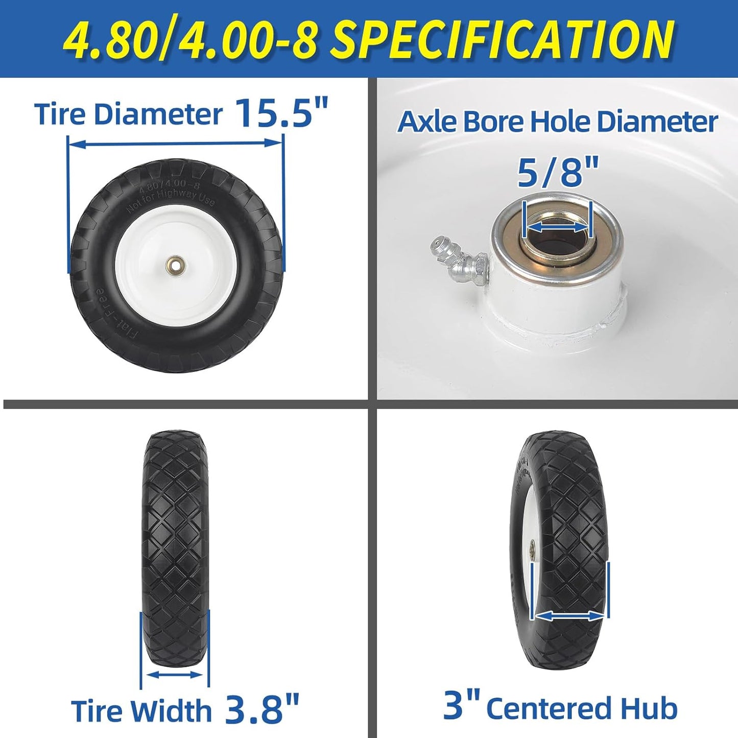 4.80/4.00-8" Wheelbarrow Tire, 16" Flat-Free Solid Tire and Wheel, 3-6" Centered Hub, 5/8" & 3/4" Bearing, For Broadcast Spreader Garden Wagon Cart Trolley Dolly (1 Pack)