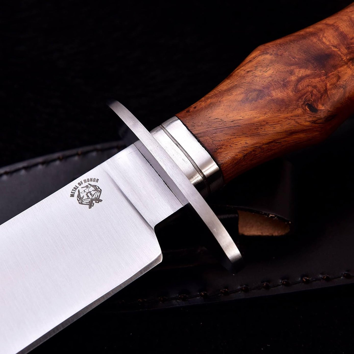 METAL OF HONOR Bowie Knife D2 Fixed Blade Hunting Knife with Leather Sheath for Camping, Hiking, Survival 15 inch bushcraft knife with Solid Engineered Wood Handle (wood)