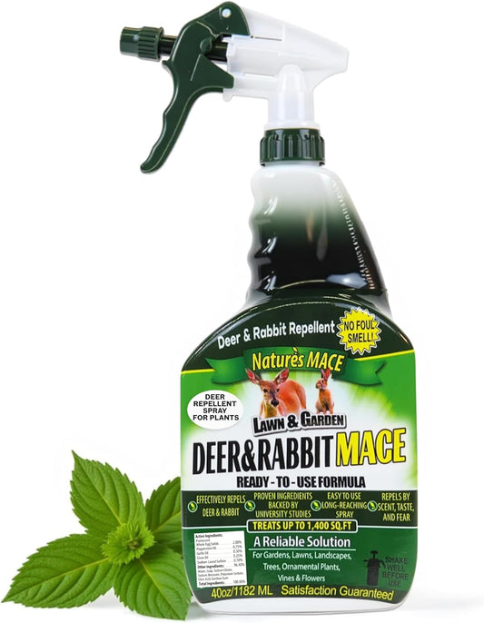 Nature’s Mace Deer and Rabbit MACE, Deer Repellent Spray For Plants, 40oz Ready-To-Use, Deer Deterrent, For Home & Garden, Protect Plants Fast, Keep Deer Out, Safe Around People, Pets, Plants, Produce