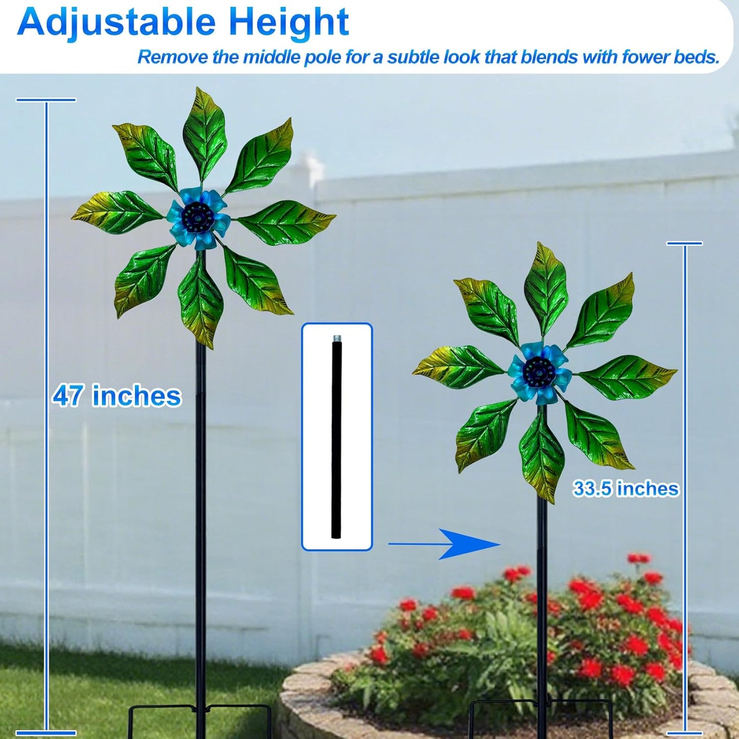 Glow-in-Dark Metal Wind Spinner for Yard and Garden, Outdoor Luminous Wind Spinners Yard Art Garden Decor (13.4" W x 47" H) Blue