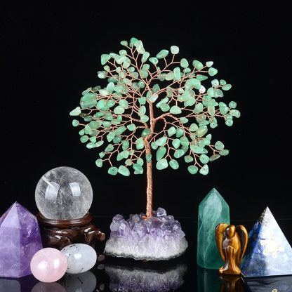 Green Aventurine Healing Crystal Tree – Jade Tree with Amethyst Cluster Base Positive Energy for Home and Office Decoration 5.5-6.3 Inches