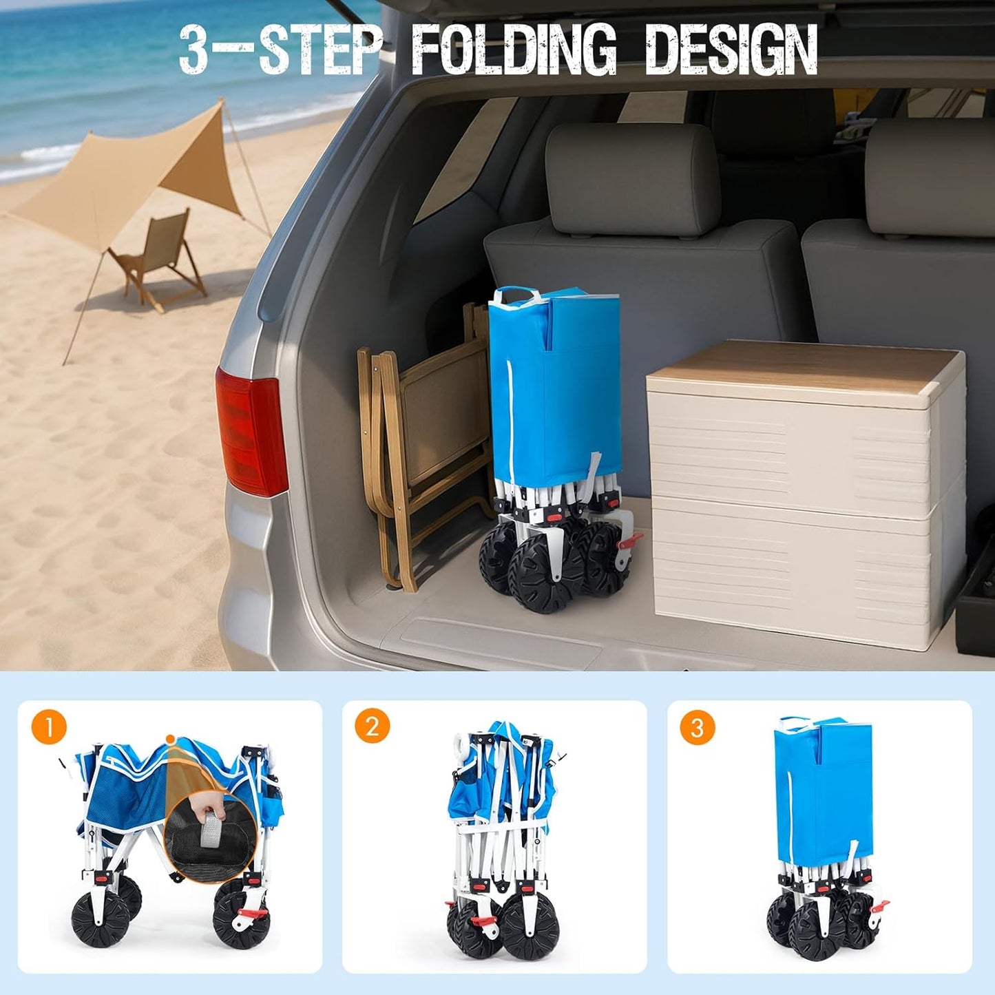 Old Bahama Bay 550lbs Extra Long 49" L Beach Wagon with Big Wheels with Brake for Sand, Collapsible Utility Beach Cart Heavy Duty Folding Wagon,Ideal for Outdoor Sand Camping Garden Pet