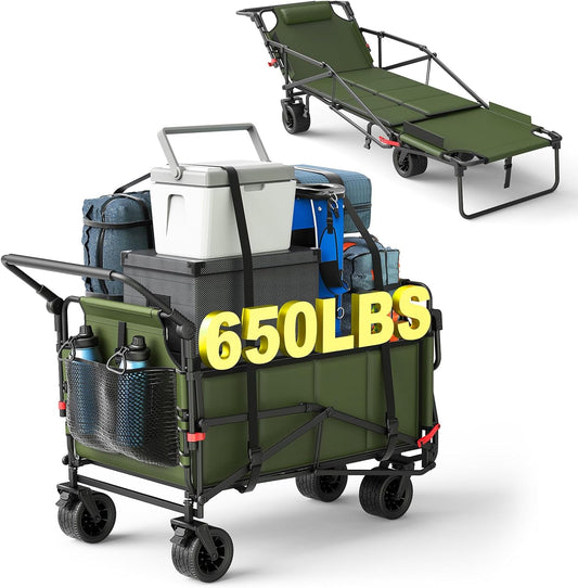 LEVELEVE Heavy Duty Folding Wagon - 2-in-1 Collapsible Cart, 650lb Capacity, All-Terrain Wheels