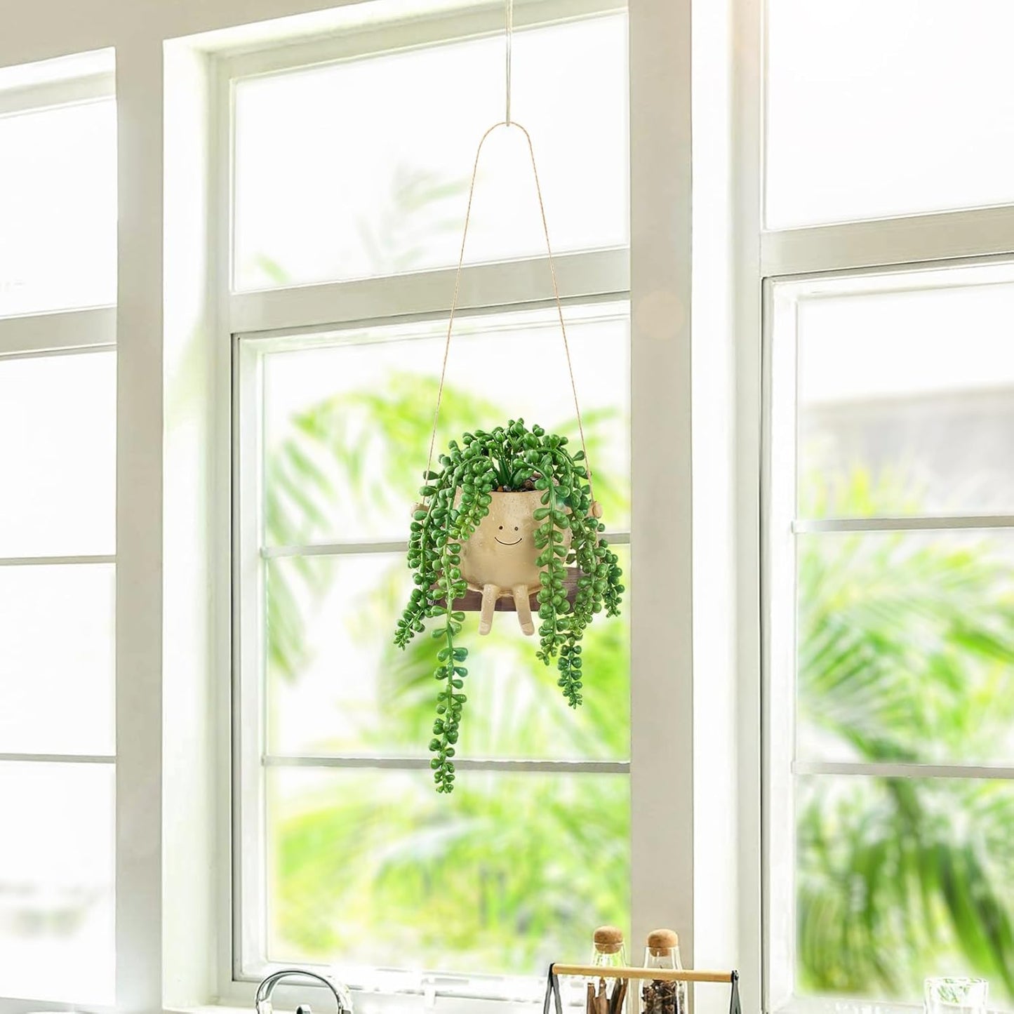 Artificial Succulents Hanging Plants Fake String of Pearls Trailing Plant in Cute Smiley Face Pot for Home Decor, Indoor Outdoor Wall Window Hanging Decorations (Includes Hanging Hook)