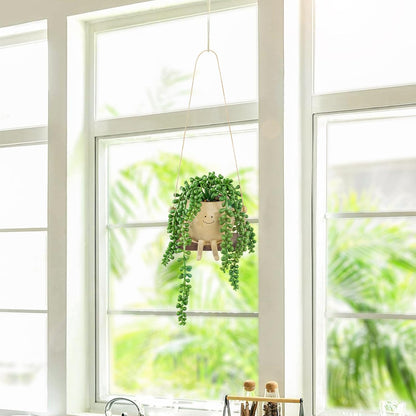 Artificial Succulents Hanging Plants Fake String of Pearls Trailing Plant in Cute Smiley Face Pot for Home Decor, Indoor Outdoor Wall Window Hanging Decorations (Includes Hanging Hook)
