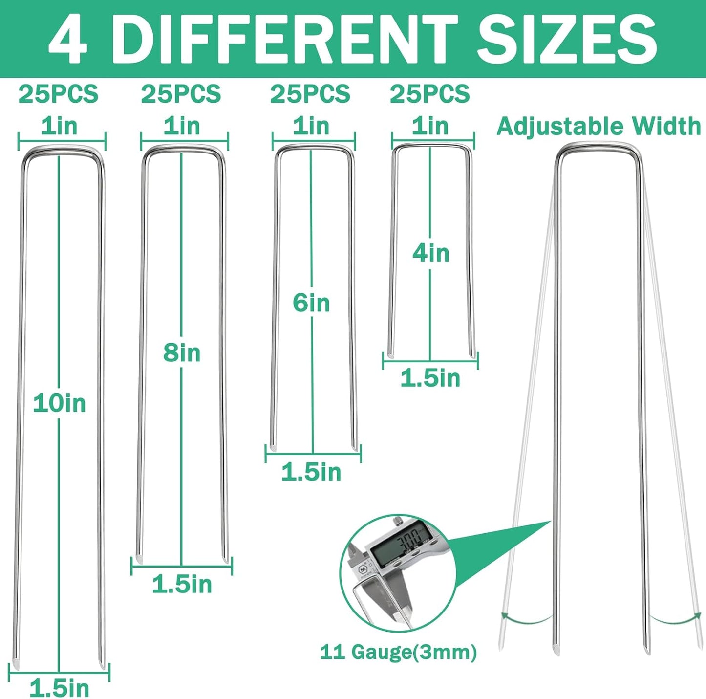 Landscape Staples, 100 Pack 4/6/8/10 Inch 11 Gauge Galvanized Garden Staples, Landscape Stakes for Gardening, Garden Yard Lawn Ground Stakes for Securing Weed Barrier Fabric, Irrigation Tubing, Fence