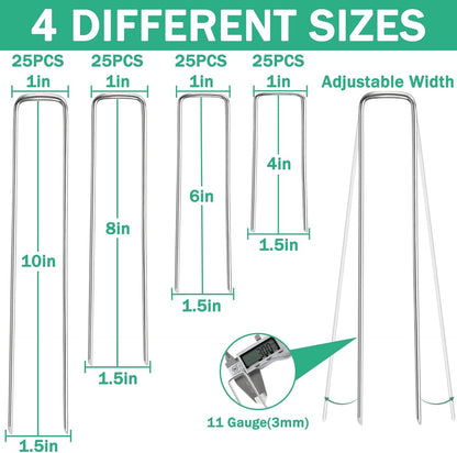 Landscape Staples, 100 Pack 4/6/8/10 Inch 11 Gauge Galvanized Garden Staples, Landscape Stakes for Gardening, Garden Yard Lawn Ground Stakes for Securing Weed Barrier Fabric, Irrigation Tubing, Fence