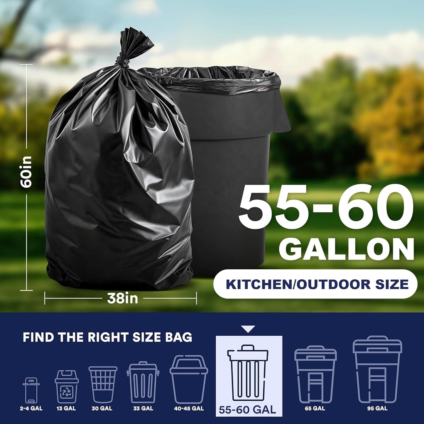 Plasticplace 55-60 Gallon Trash Bags, Heavy Duty Black Garbage Bags, 100 Count for Lawn, Yard, and Outdoor Waste Disposal, Ideal for Industrial Trash Cans, Contractors, and Home Improvement Projects