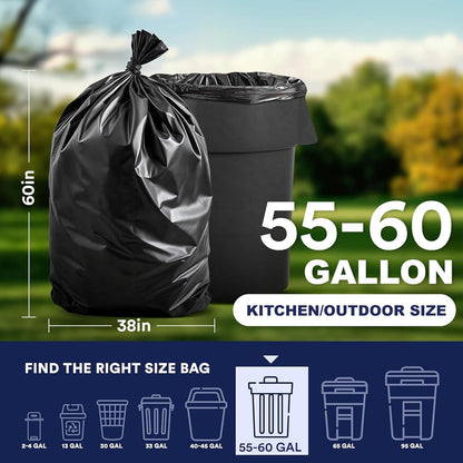 Plasticplace 55-60 Gallon Trash Bags, Heavy Duty Black Garbage Bags, 100 Count for Lawn, Yard, and Outdoor Waste Disposal, Ideal for Industrial Trash Cans, Contractors, and Home Improvement Projects