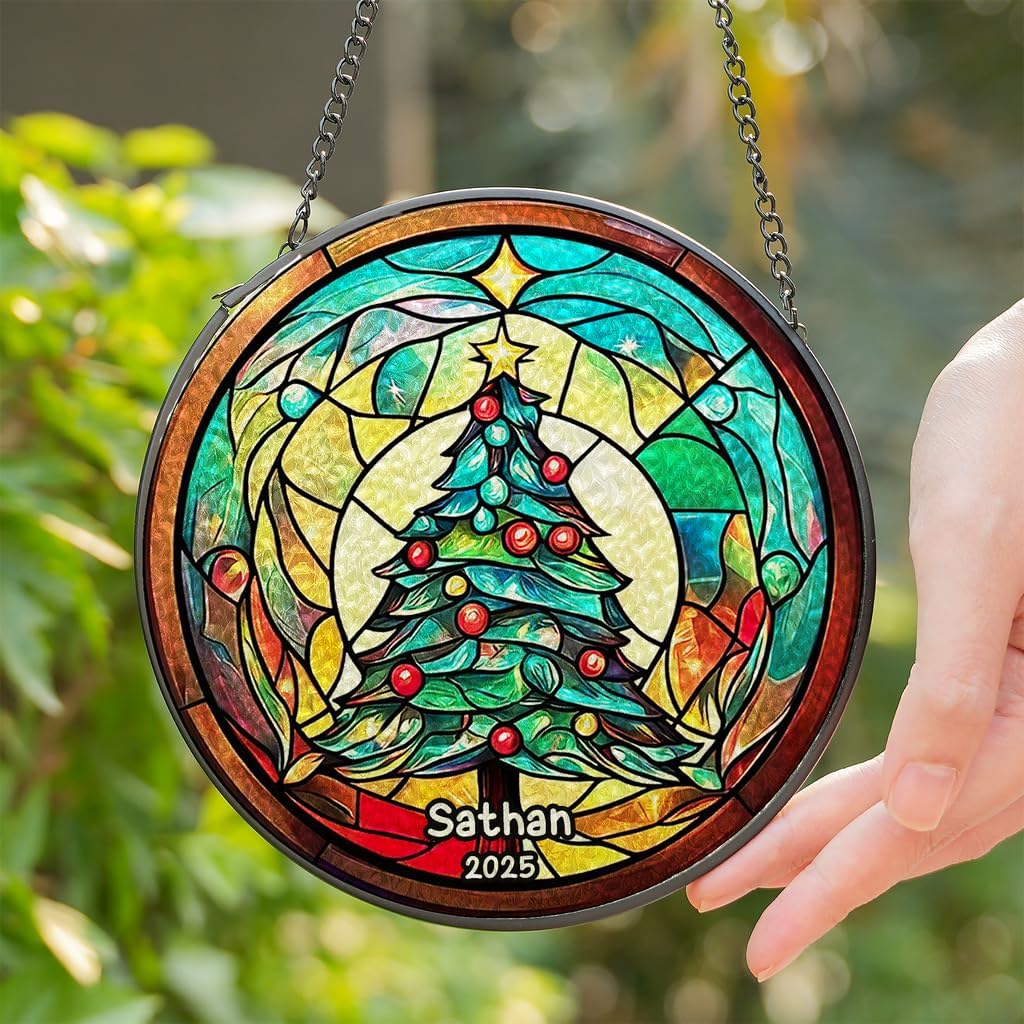Personalized Stained Glass Christmas Tree Suncatcher, Christmas Handcraft Holiday Ornament with Name and Number, Gift for Family or Friend, Gift for Décor