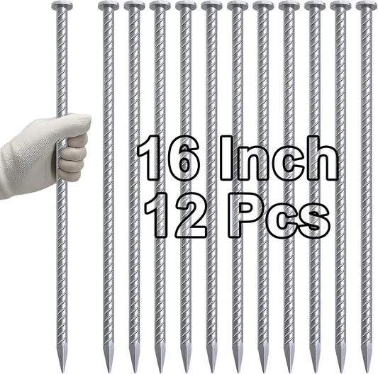VVOKGO 16 Inch Rebar Stakes Metal Asphalt Anchoring Spikes Ground (12pcs), 1/2 Inch Diameter Galvanized Landscape Anchors Heavy Duty for Speed Bump, Handicap Threshold Ramps, Parking Limits Curb, Tarp