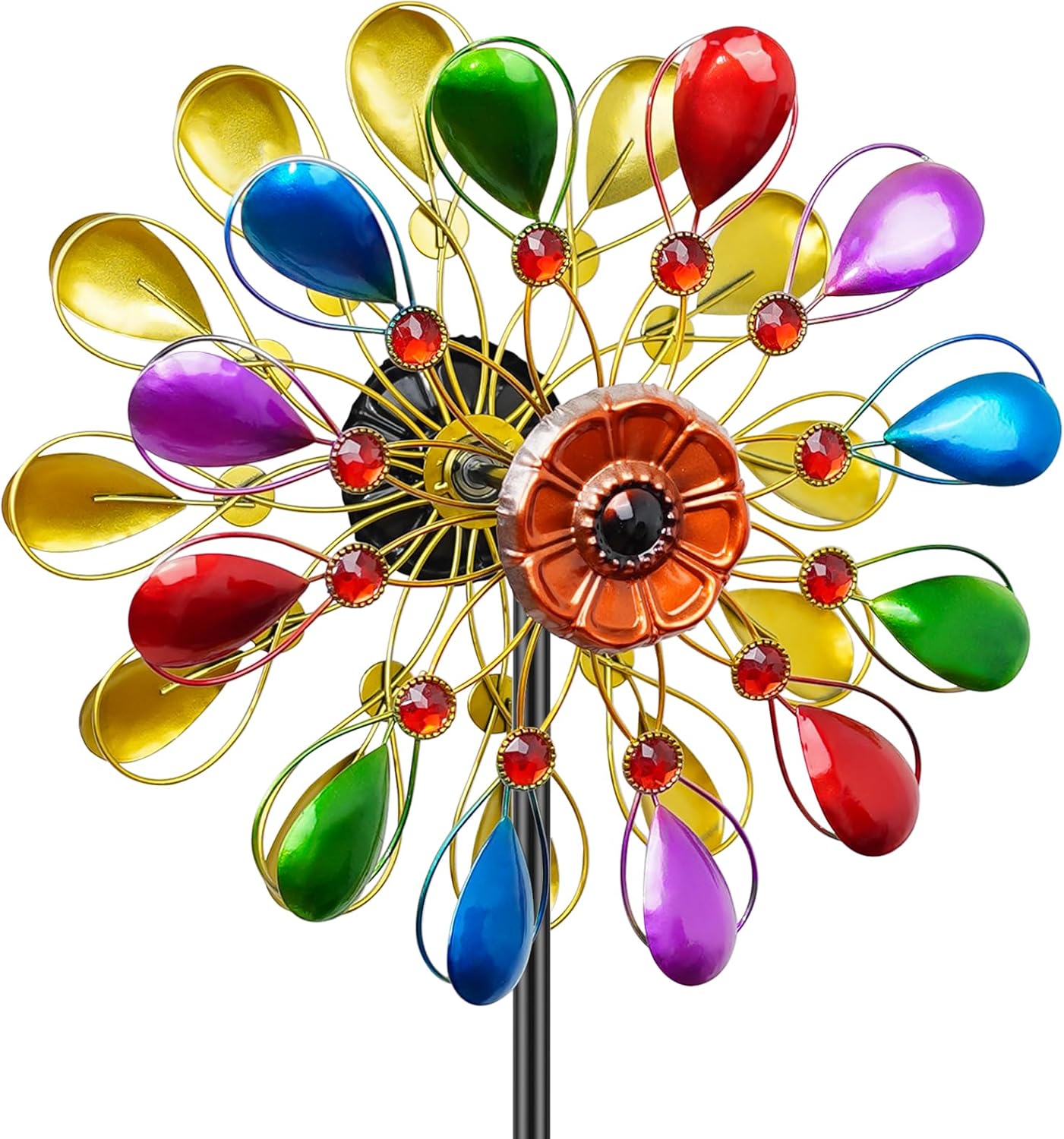 64 inch Garden Wind Spinner, Outdoor Wind Sculpture with 5 Prong Base Stand, Metal Windmill for Lawn Yard Outdoor Art Decorations (B-Colorful)