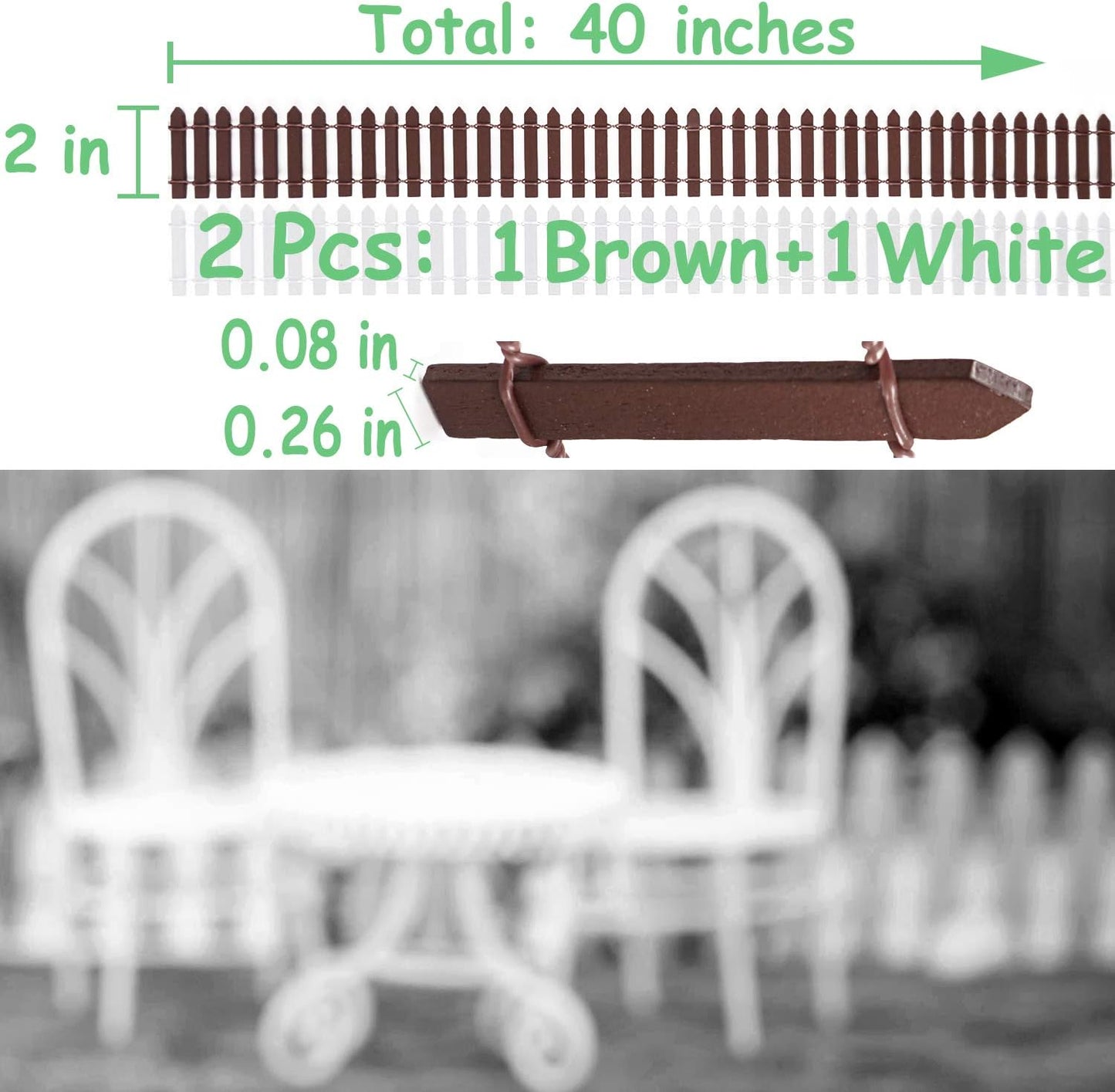 Miniature Wood Picket Fence - 2 Pcs DIY Brown and White Fence with Gate, 40 Inch Long for Fairy or Dollhouse Garden
