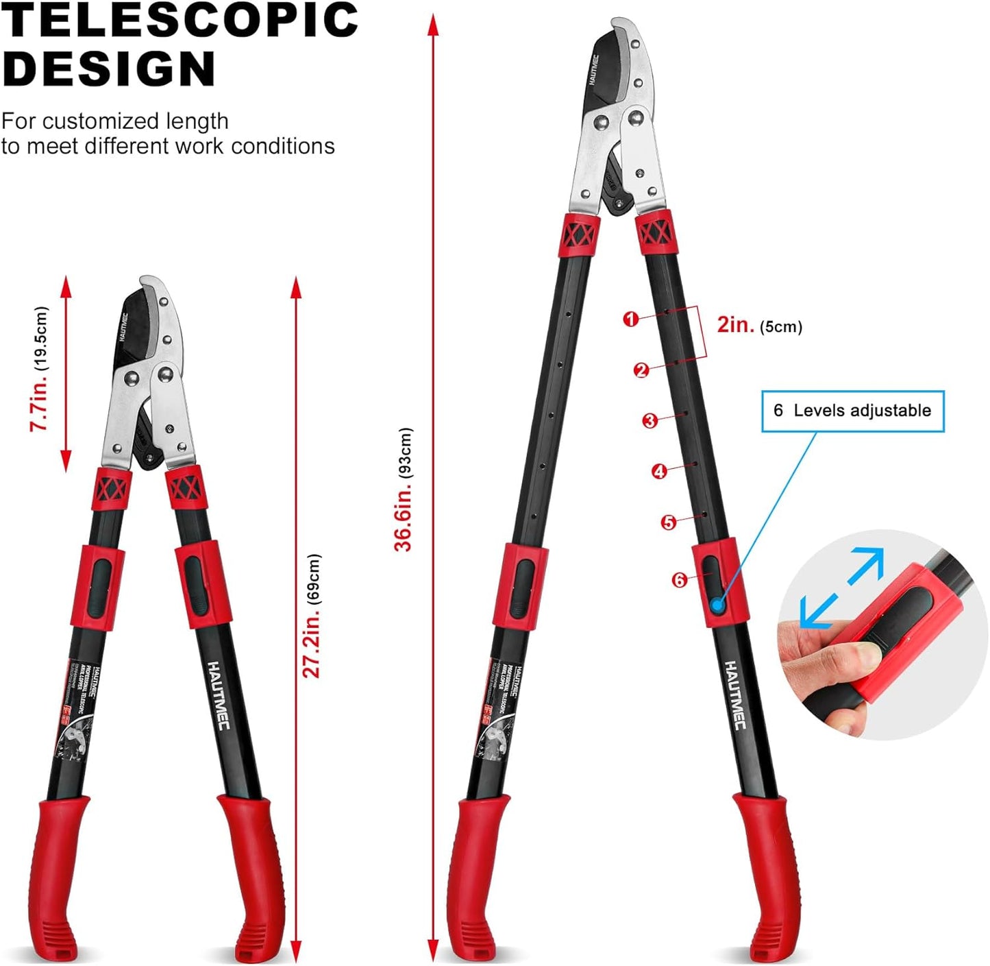 HAUTMEC Anvil Loppers for Tree Trimming Heavy Duty, Extendable 27-37'' Garden Bypass Loppers with Compound Action System, 2" Cutting Capacity, Labor-Saving Tree Trimmer for Yard, Lawn Branch Cutter