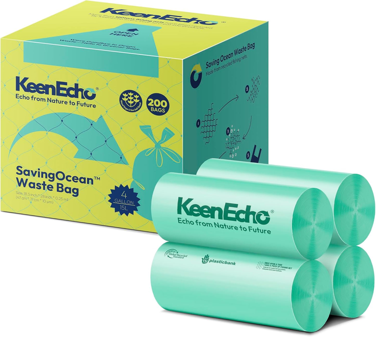 4 Gallon 200 Counts Small Green Trash Bags with Handle, Ocean Fishing Nets Upcycling, Sage & Sea Salt Scented, Plastic Garbage Bags, Waste Bag for Kitchen, Bathroom, Office and Pets