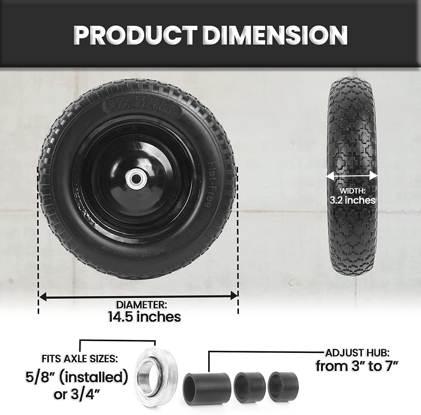(2-PACK) 4.80/4.00-8" Flat Free Tire and Wheel - Universal Fit 14.5" Solid Wheelbarrow Tires with 3" Hub and 5/8" Bearings – Extra Adapter kit includes 3/4" Ball Bearings, 1" and 1/2" Nylon Spacers
