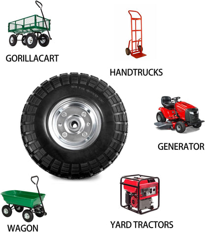 4.10/3.50-4 Tire Wheels Flat Free 10" Heavy Duty Solid Flat-Free Replacement Tire with 5/8 Axle Compatible with Gorilla Carts, Wheelbarrow, Dolly, Hand Truck (2-Pack)