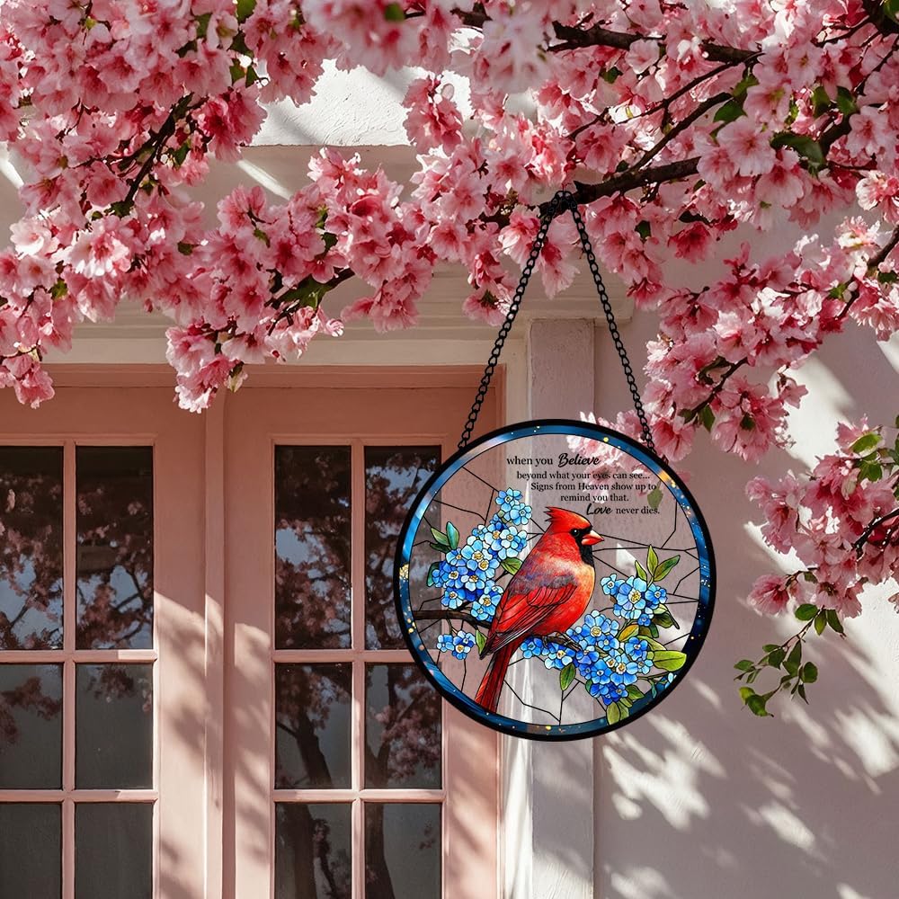 Red Cardinal Stained Glass Window Hanging, Bird Suncatcher for Window, Condolences Suncatcher Glass, Red Bird Home Decor for Remembrance and Healing, Diamond Glass Decor, Sympathy Gifts for Women Men