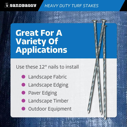 Sandbaggy 12" Heavy Duty Galvanized Artificial Turf Stakes - Spiral Landscape Nails - Ground Spikes/Pins, Synthetic Grass, Lawn, Edging, Weed Barrier Fabric (12 inch - Ultra Heavy Duty, 25, Count)