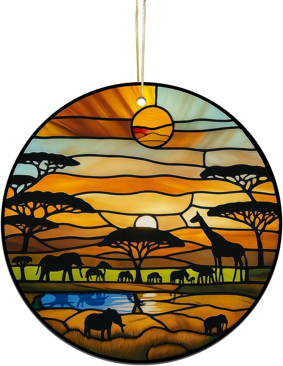 Acrylic Stained Glass Suncatcher Ornament – African Safari Sunset with Giraffes Elephants Trees – 4 Inch Acrylic Window Hanging Boho Home Décor Gift for Animal Lovers, Christmas Tree, (Sun-31)