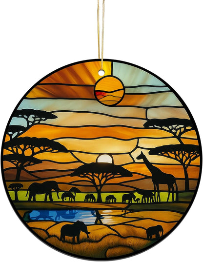 Acrylic Stained Glass Suncatcher Ornament – African Safari Sunset with Giraffes Elephants Trees – 4 Inch Acrylic Window Hanging Boho Home Décor Gift for Animal Lovers, Christmas Tree, (Sun-31)