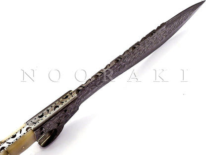 Nooraki MK-2007 Handmade Damascus Steel Fixed Blade Machete/Kukri Knife with Leather Sheath, Full Tang Multipurpose Knife with Camel Bone Handle for Hunting, Hiking, Camping, Survival, 18" Length