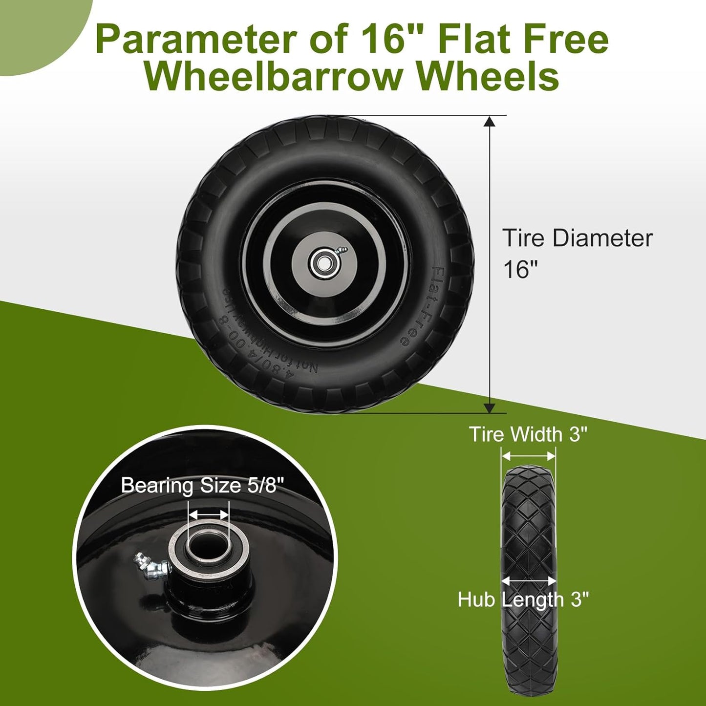 Upgraded 16" Flat Free Wheelbarrow Wheels and Tires, 4.80/4.00-8 Solid Tires with 5/8" & 3/4" Bearings,14"-16" Universal Fit Wheelbarrow Wheels for Wheelbarrows/Garden Trailer