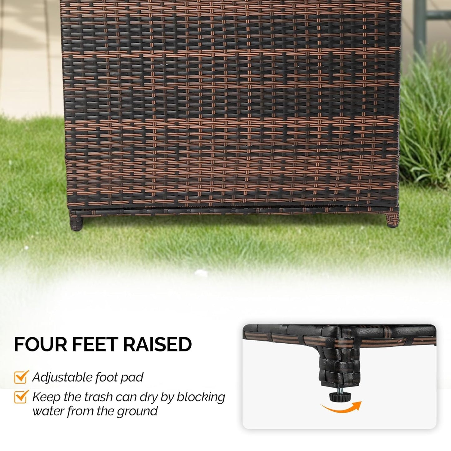 VINGLI 72 Gallon Outdoor Trash Can with Convenient Lid, Rattan Garbage Container with Side Hook, Weatherproof Patio Trash Can for Graden, Yard, Patio, Brown