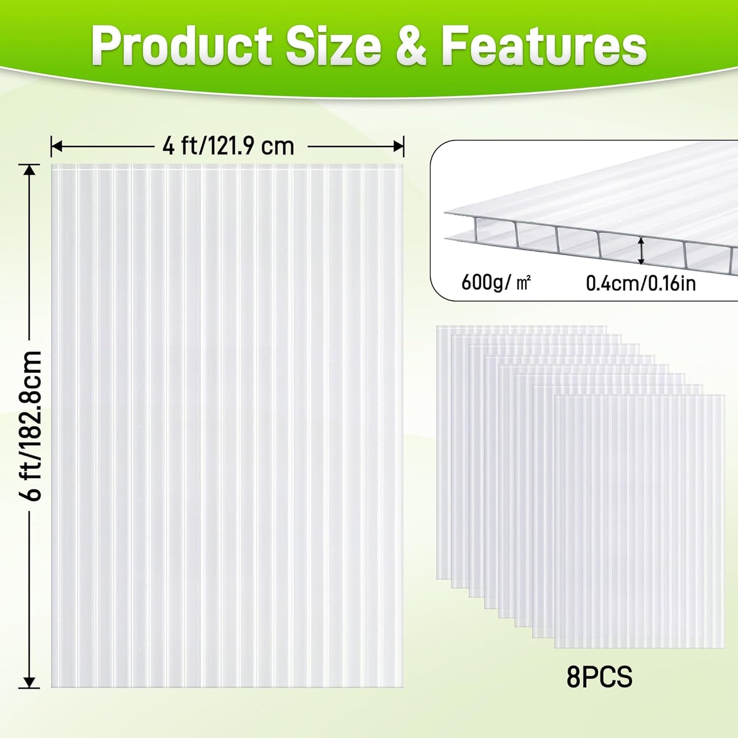 8PCS Polycarbonate Greenhouse Panels, 6' x 4' x 0.16'' Twin-Wall Panels Polycarbonate Sheet, Clear Waterproof UV Protected Corrugated Plastic Roof Panels for Greenhouse Replacement