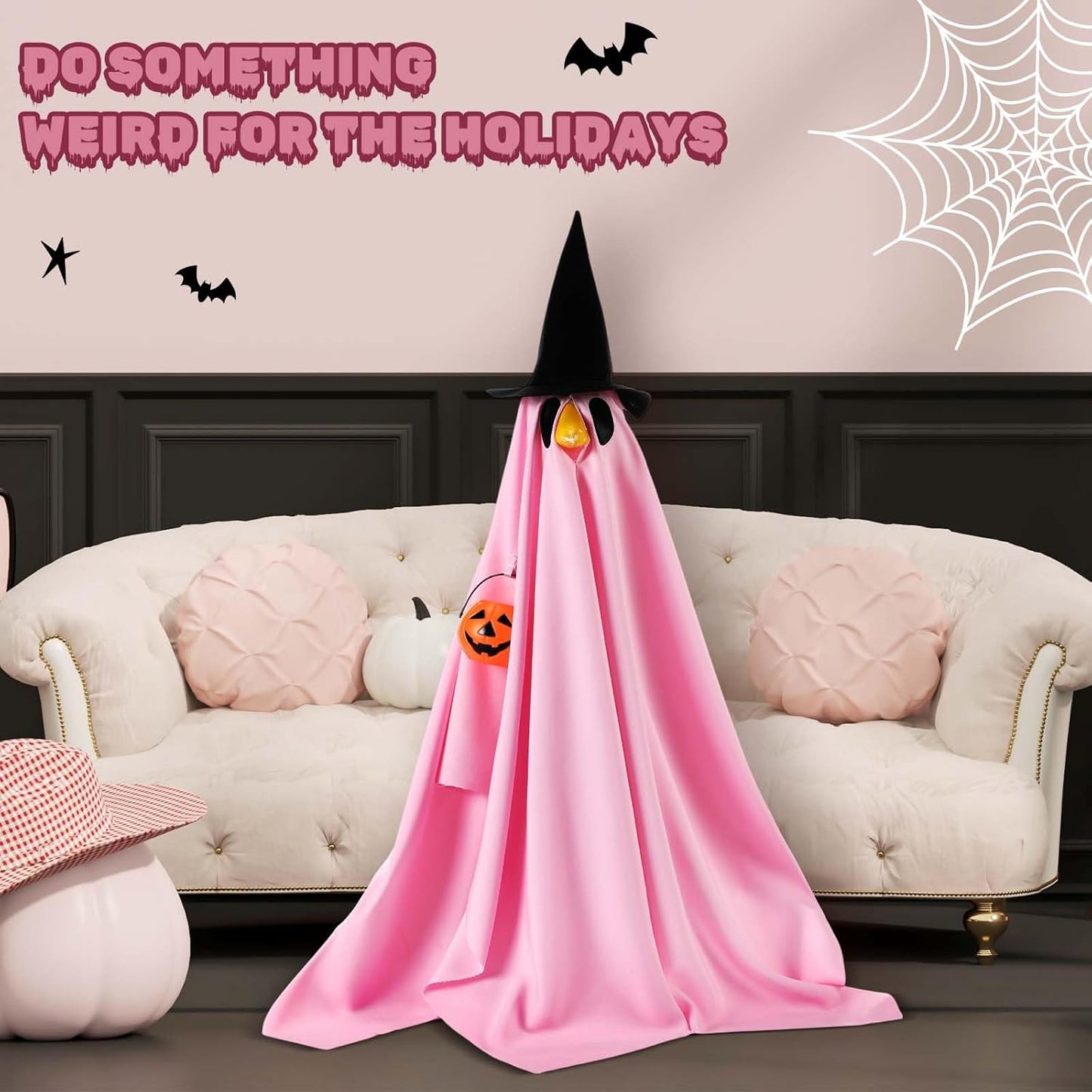 Halloween Porch Goose Outfit Ghost Lawn Goose Clothes with Pumpkin Bag for 23" Disco Plastic/Cement Outdoor Patio Yard Lawn Art Decoration(Pink,Matte)