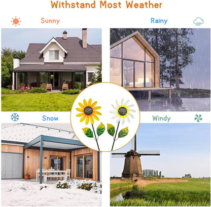 2Pack Garden Wind Spinners,Metal Wind Sculptures Outdoor Windmill Flower Pinwheel Decorations for Yard Lawn Patio Decor(Yellow and White)