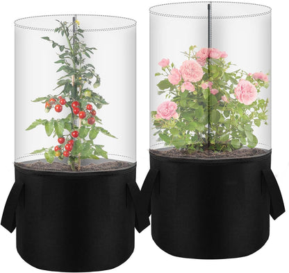 2PCS Mini Plant Greenhouse with Felt Planting Bag Round Planter Winter Garden Pot Covers Transparent Plant Frost Protection Cover with Support Rod for Outdoor Plants or Seedlings, 29.5" X 11.8"