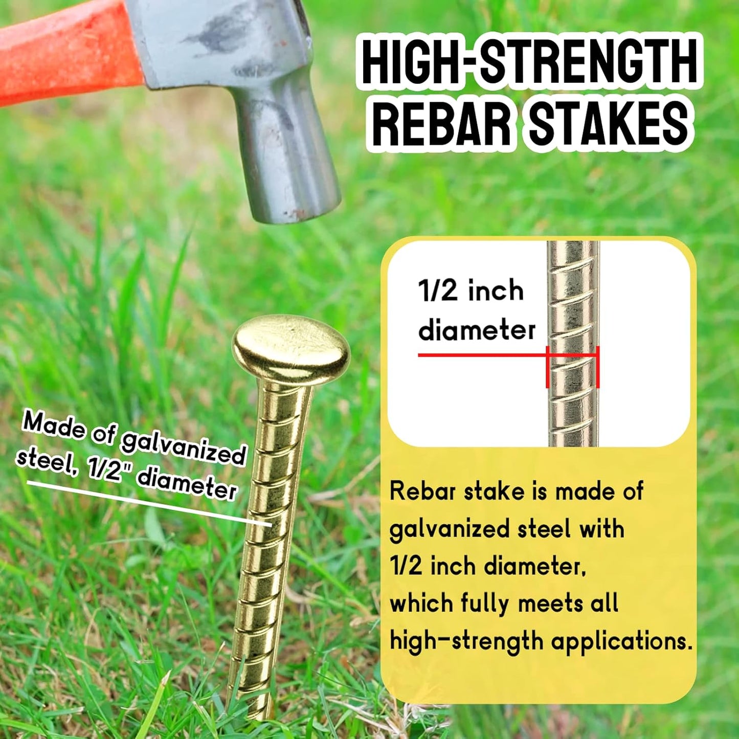 16 Inch Rebar Stakes - 1/2 Inch Diameter Galvanized Steel Ground Anchors - Heavy Duty Plant Support Garden Stake for Speed Bump, Wheel Stop, Tent (20 Pack)