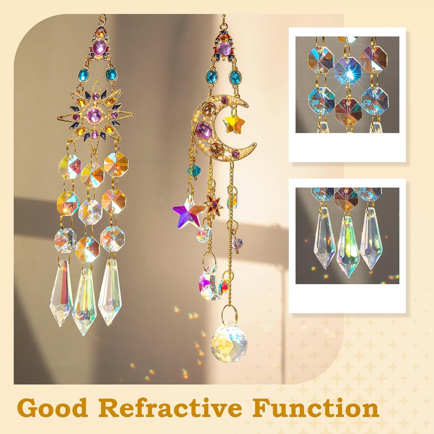 2 PCS Crystal Suncatcher,Colorful Sun&Moon Sun Catchers Indoor Window Hanging with Crystals Light Catcher Tree of Life Crystal Suncatchers Prism Hanging for Indoor Outdoor Home Garden Wedding Decor