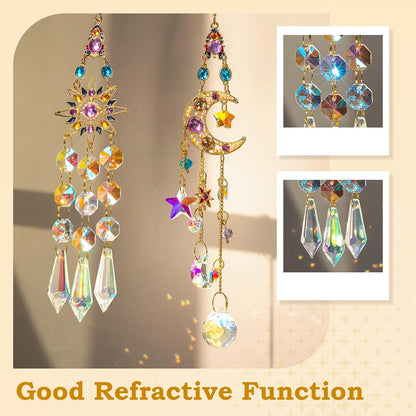 2 PCS Crystal Suncatcher,Colorful Sun&Moon Sun Catchers Indoor Window Hanging with Crystals Light Catcher Tree of Life Crystal Suncatchers Prism Hanging for Indoor Outdoor Home Garden Wedding Decor
