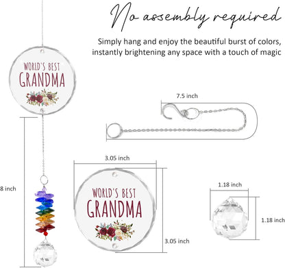 Glass Ornament Suncatcher - World's Best Grandma Birthday Gift for Grandmother - Crystal Rainbow Maker - Gift from Granddaughter Grandson - Window Hangings Home Decor