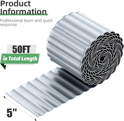 AHEONLAR Corrugated Metal Garden Edging, 5''×50Ft Steel Landscape Edging Border, Flower Bed Edging Borders, Metal Lawn Edging for Landscaping, Garden, Pathway, Lawn, Flower Bed, Garden Fence (Silver)