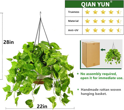 QIANYUN Fake Pothos Ivy Plant for Home Decor – 28" Fake Hanging Plants with Pot, Artificial Silk Greenery for Indoor Shelf, Bedroom, Living Room, Bathroom, or Office Decoration