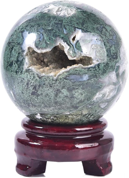 Large Moss Agate Crystal Sphere Natural Healing Crystal Ball with Stand Meditation Decorative Balls Home Decor 80-90mm/3.1-3.5"
