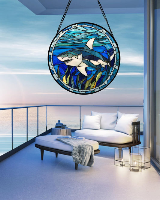 Stained Glass Suncatcher, Blue Ocean Big Shark Sun Catcher Waterweed Stain Glass Window Hanging