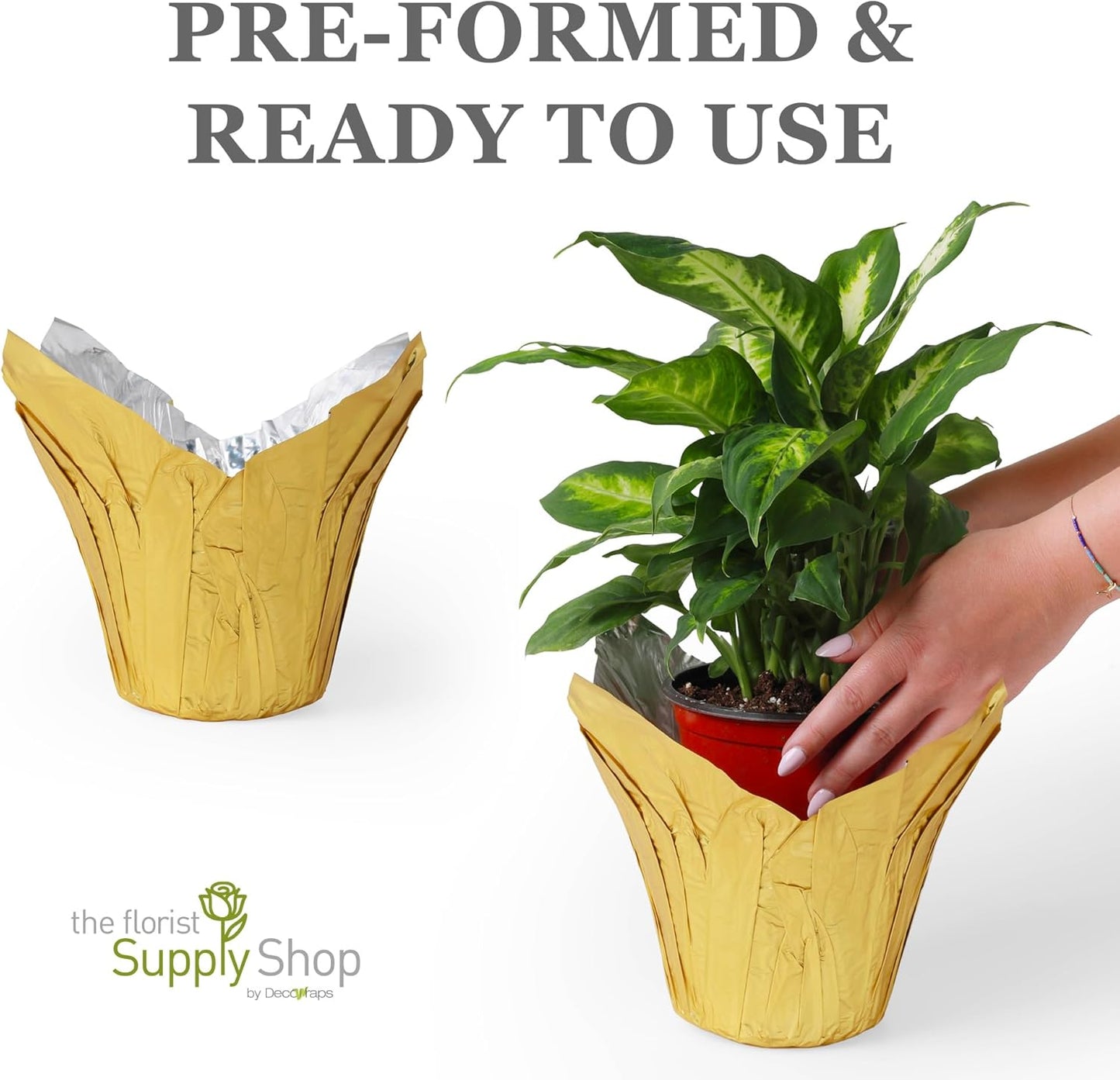 4.5” STD Plant Pot Covers, Decorative Plant Sleeve for Indoor & Outdoor House Plants, Reusable and Gift-Ready Foil Wrap for Flower Pots, Gold, Pack of 5