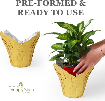 4.5” STD Plant Pot Covers, Decorative Plant Sleeve for Indoor & Outdoor House Plants, Reusable and Gift-Ready Foil Wrap for Flower Pots, Gold, Pack of 5